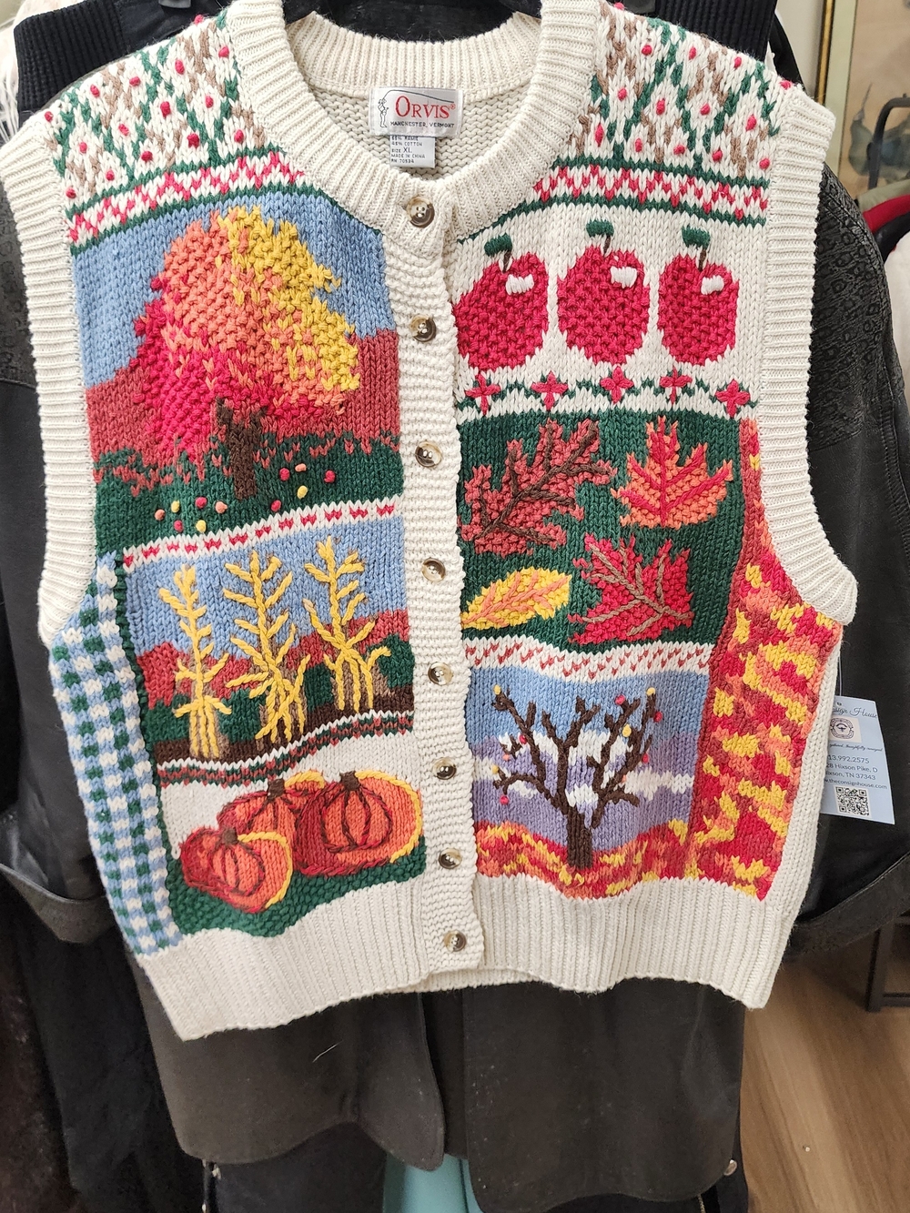 Vintage Orvis Cream Fall Patchwork Knit Sweater Vest